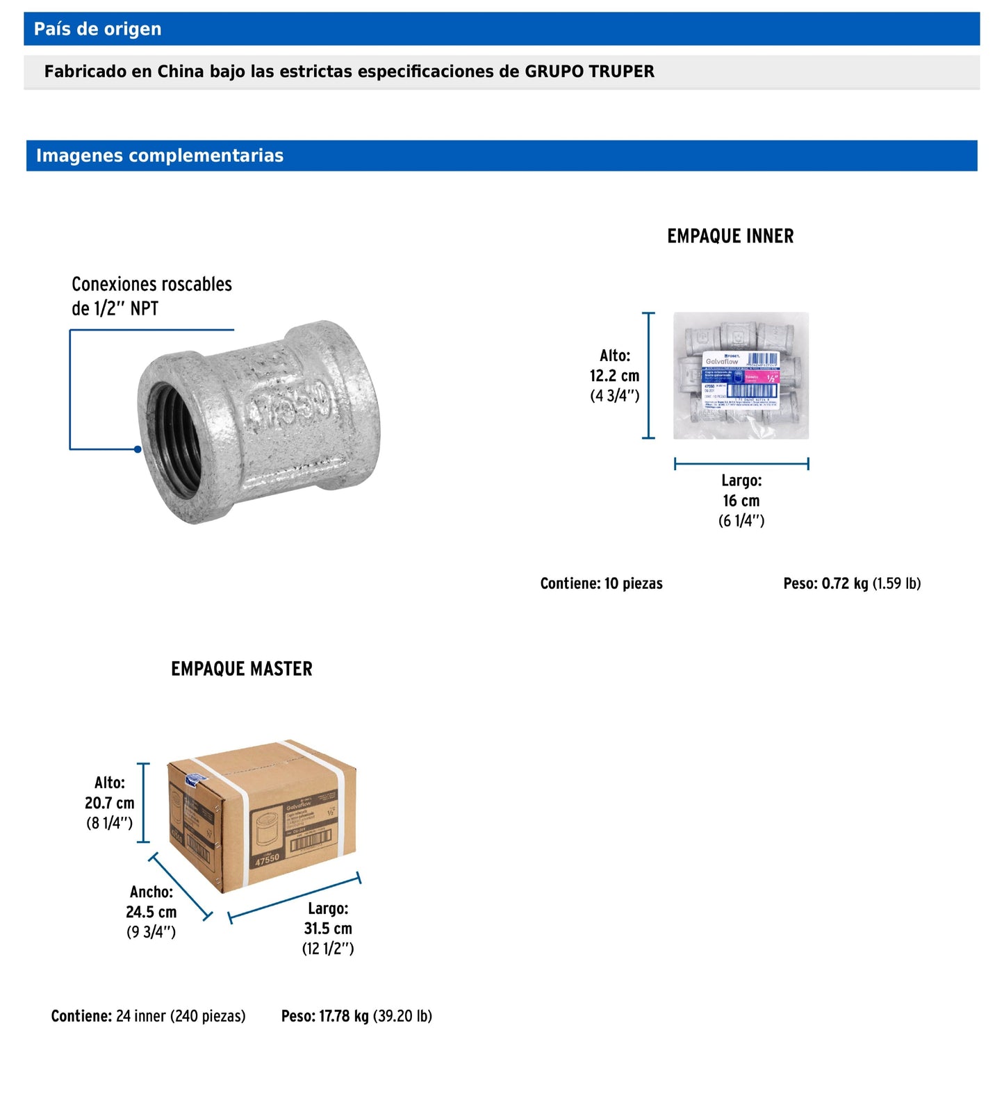 Cople reforzado de acero galvanizado de 1/2"