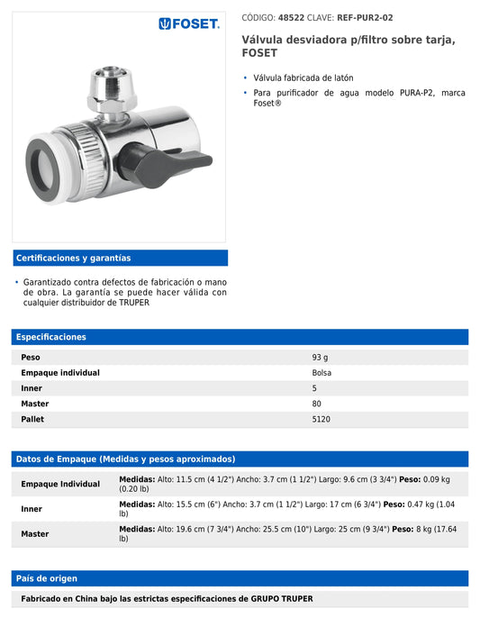 Válvula desviadora para filtro sobre tarja con cuerpo de latón