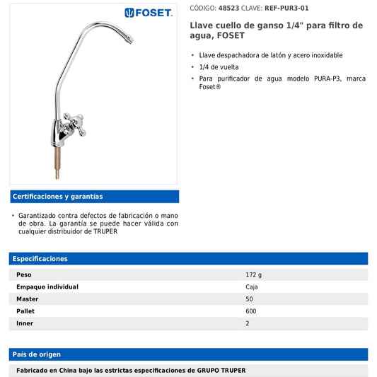 Llave cuello de ganso de 1/4" para filtro de agua con cuerpo metálico