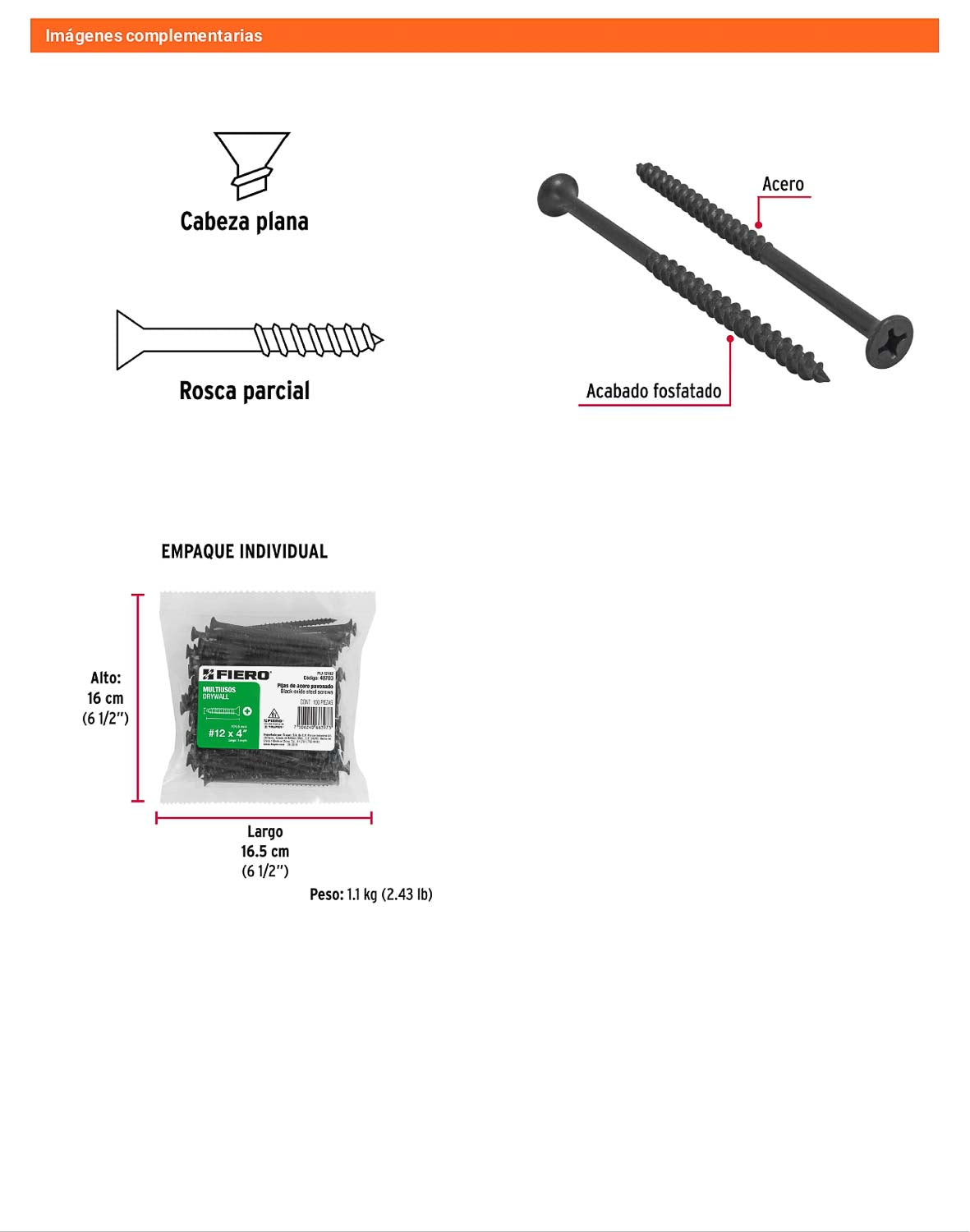 100 Tornillos Multiusos 12 x 4 pulg