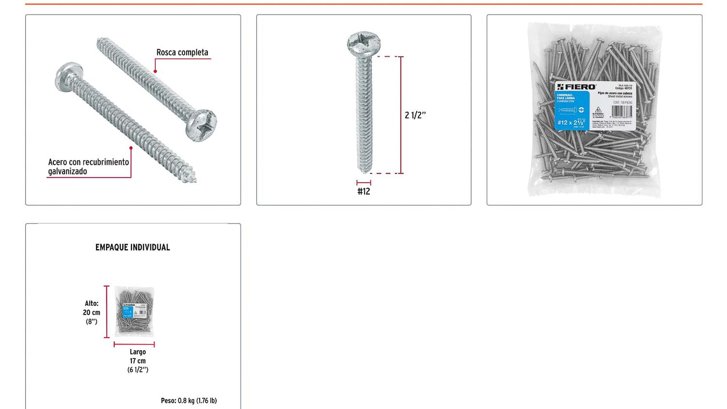Tornillo gypsum para lamina 12 x 2-1/2 pulg