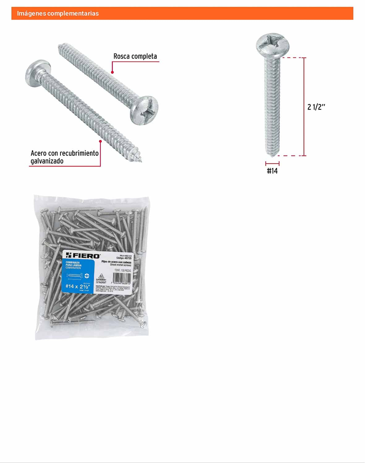 Tornillo gypsum para lamina 14 x 2-1/2 pulg