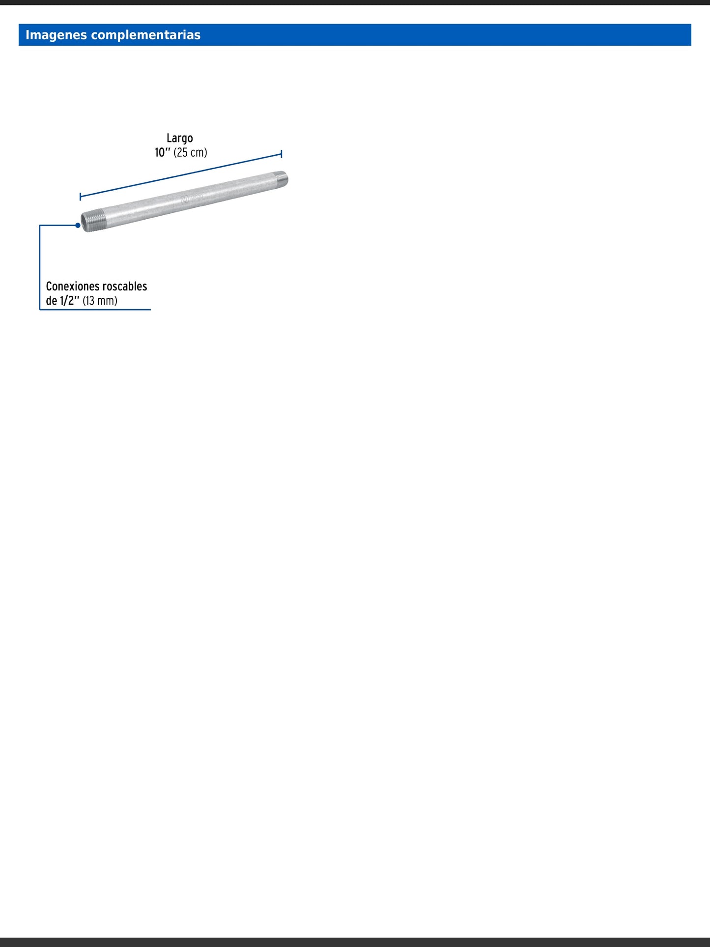 Niple de acero galvanizado de 1/2 pulgada por 10 pulgadas