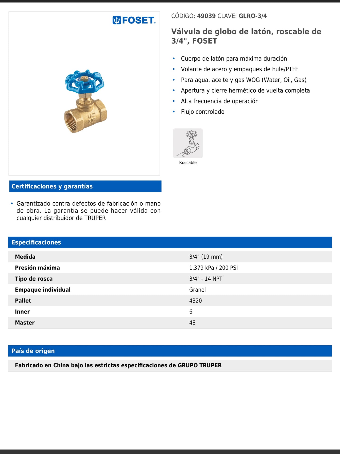 Válvula de globo de latón roscable de 3/4 pulgada con volante de acero