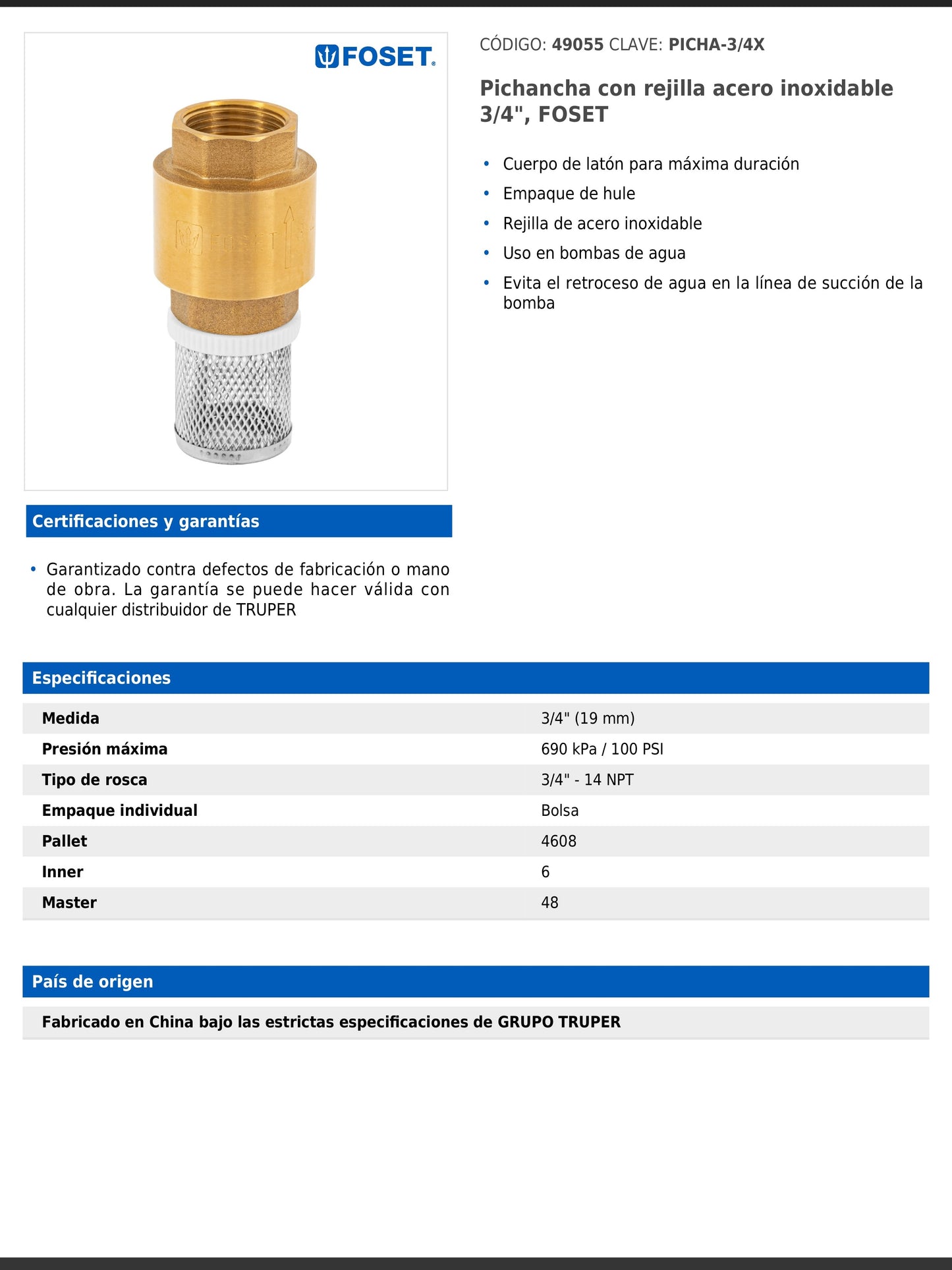 Pichancha de latón con rejilla de acero inoxidable de 3/4 pulgada para bombas de agua