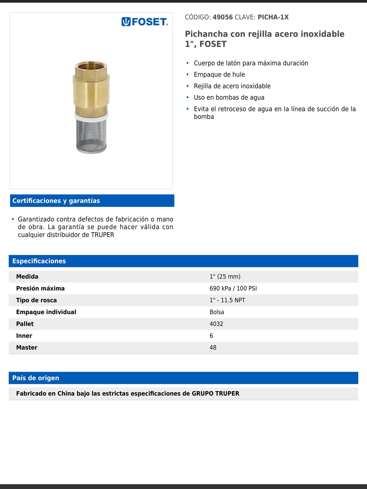 Pichancha de latón con rejilla de acero inoxidable de 1 pulgada para bombas de agua