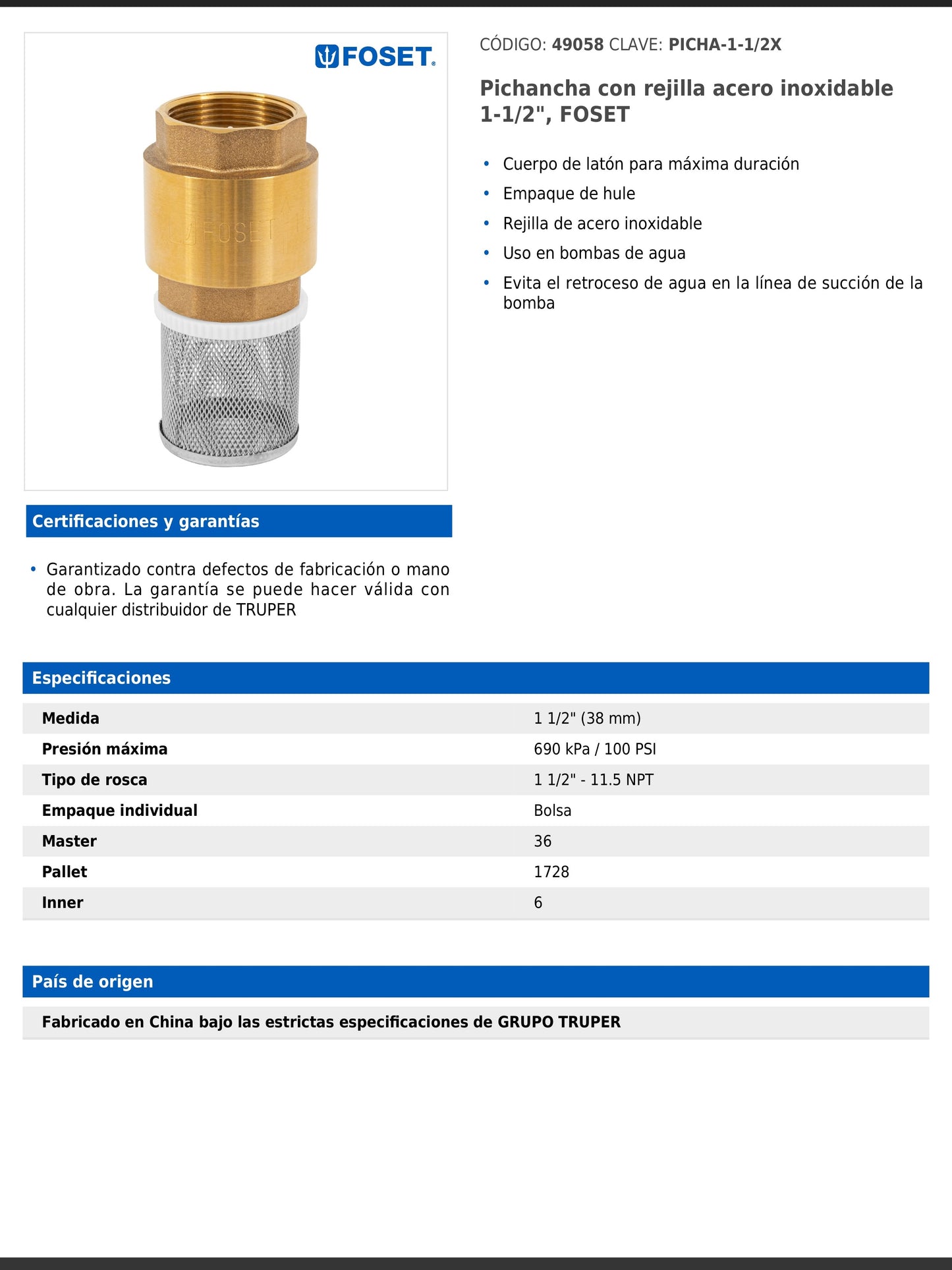 Pichancha de latón con rejilla de acero inoxidable de 1 1/2 pulgadas para bombas de agua