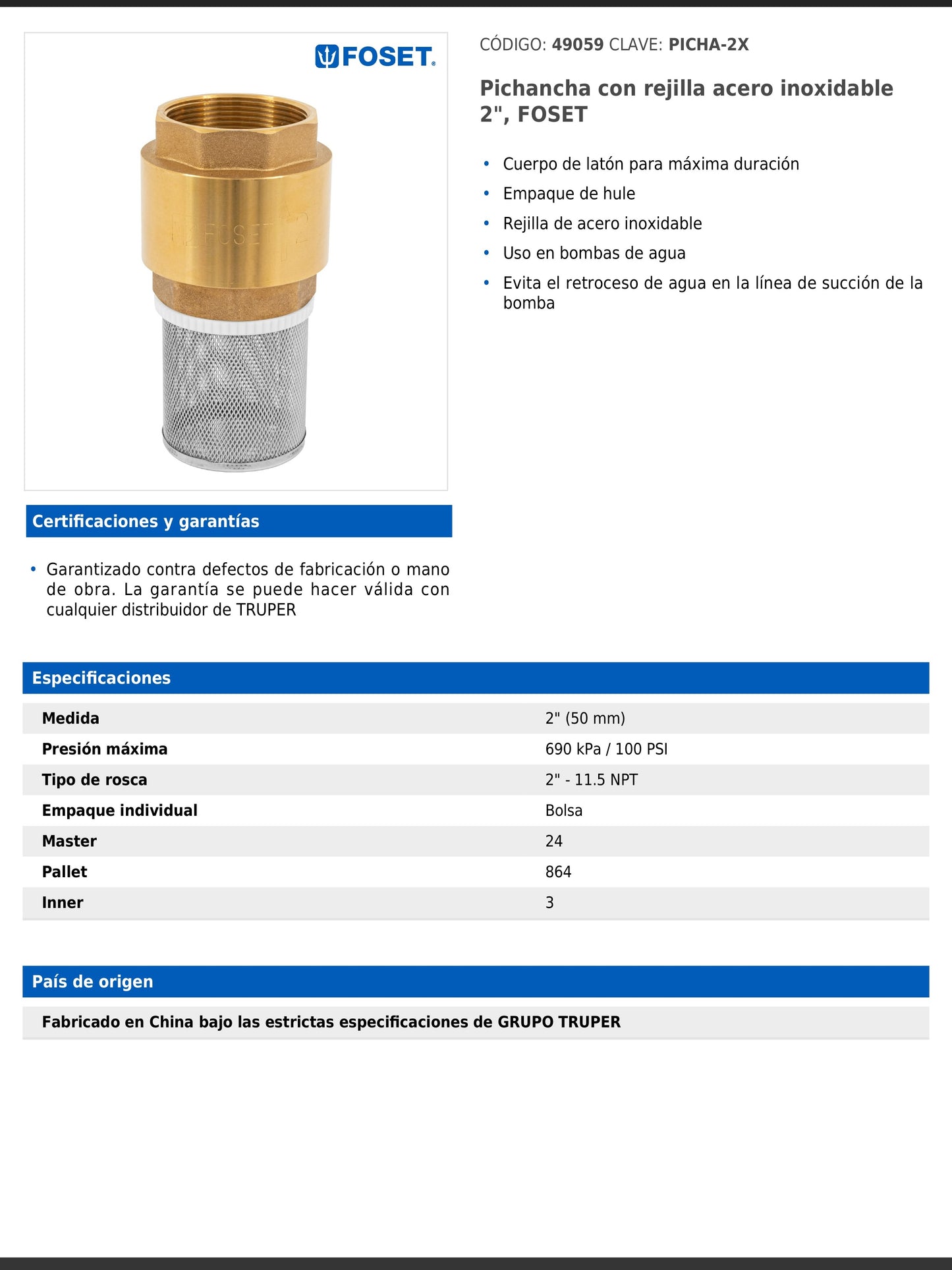 Pichancha de latón con rejilla de acero inoxidable de 2 pulgadas para bombas de agua