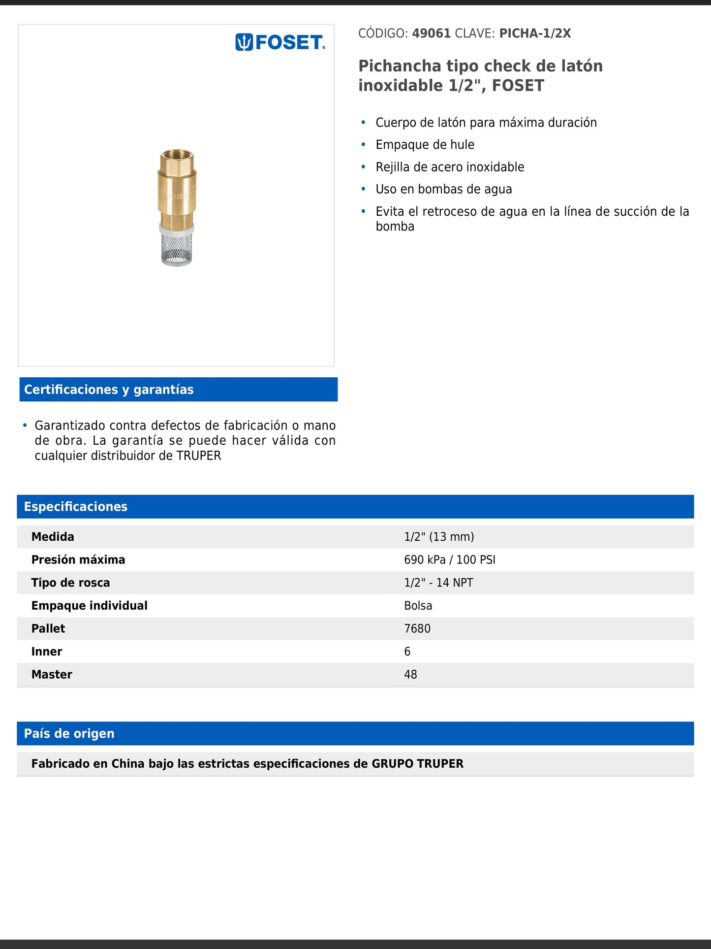 Pichancha tipo check de latón con rejilla de acero inoxidable de 1/2 pulgada para bombas de agua