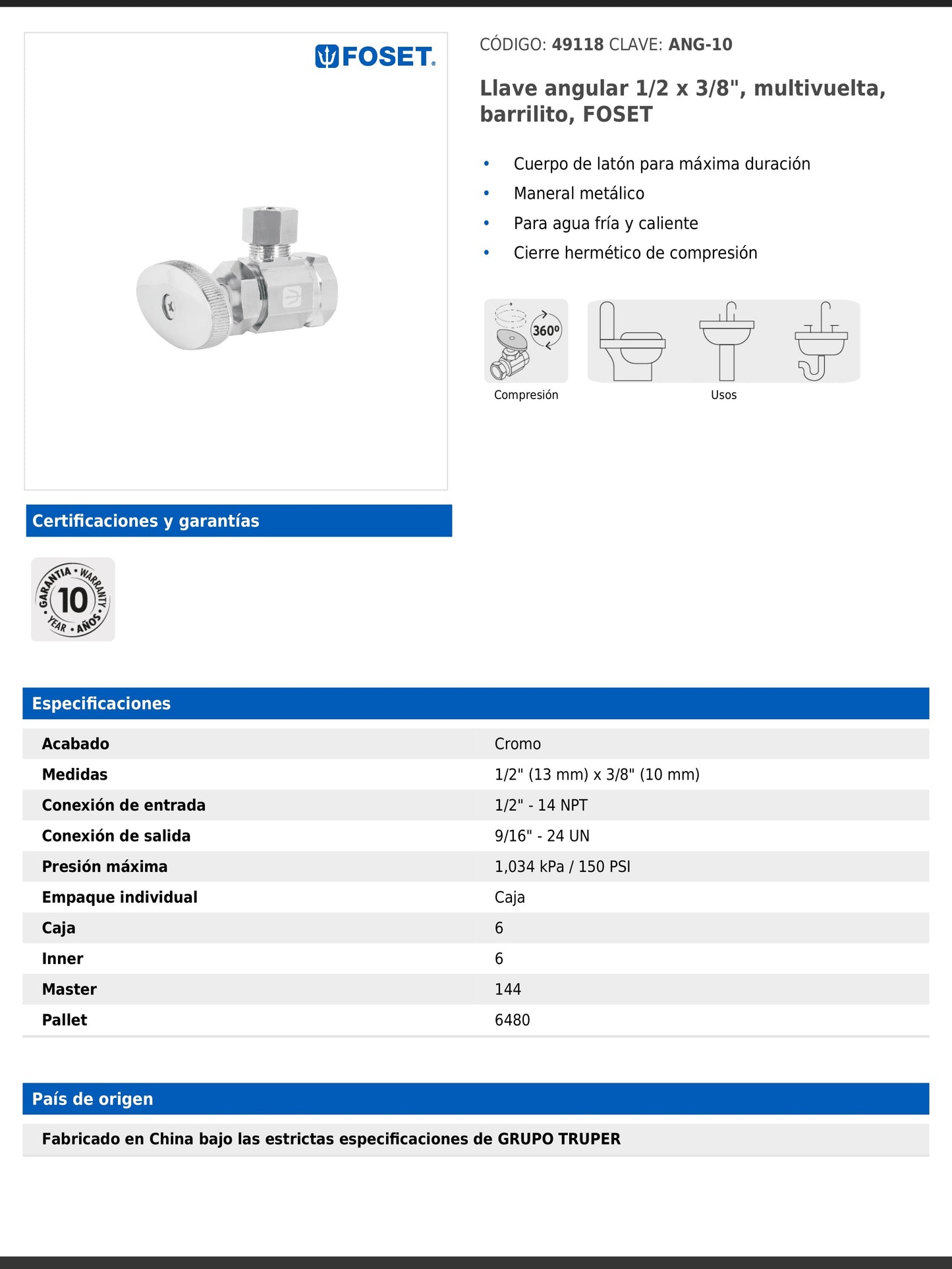 Llave angular de latón multivuelta 1/2 x 3/8 pulgada con maneral metálico