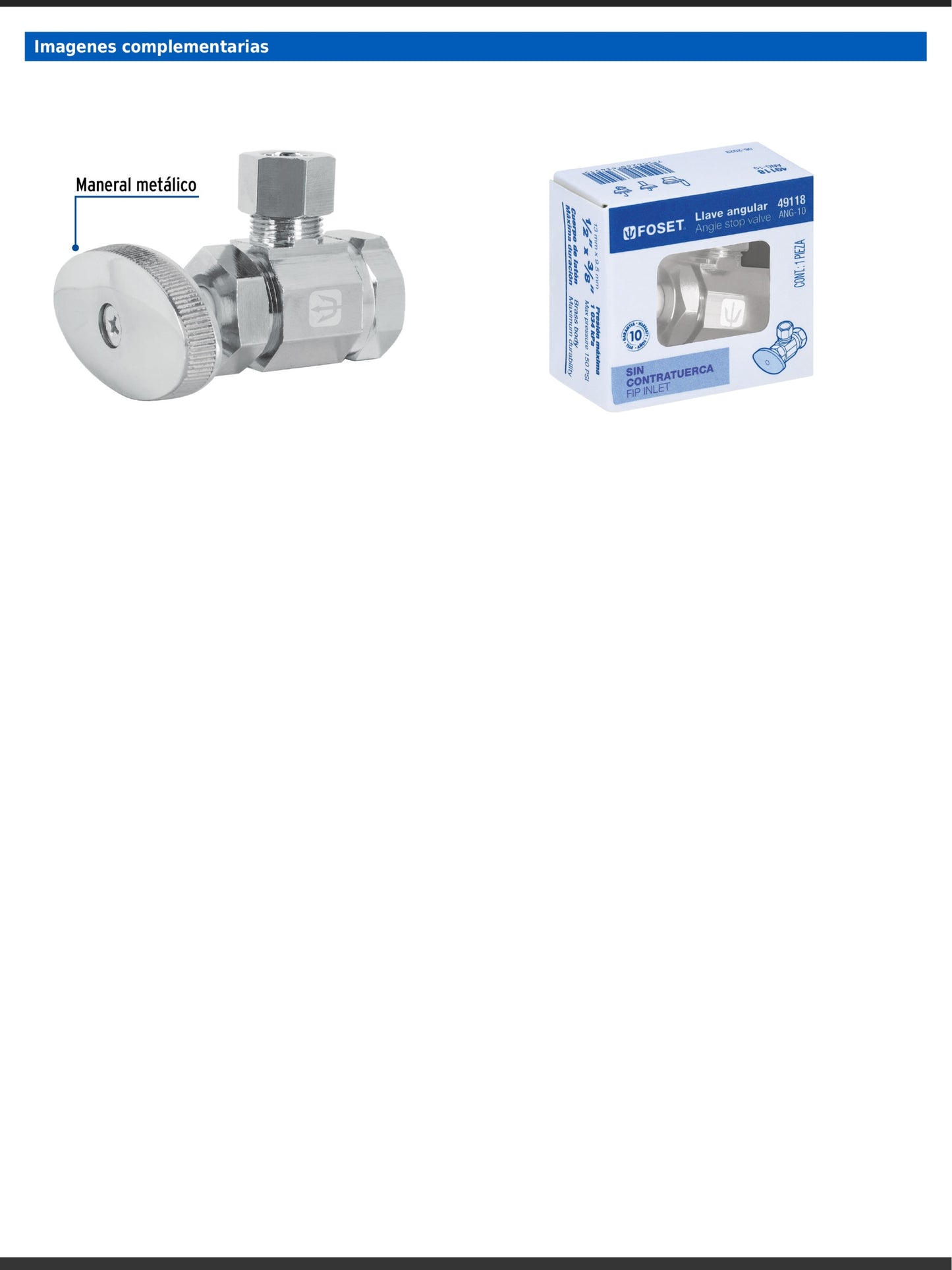 Llave angular de latón multivuelta 1/2 x 3/8 pulgada con maneral metálico