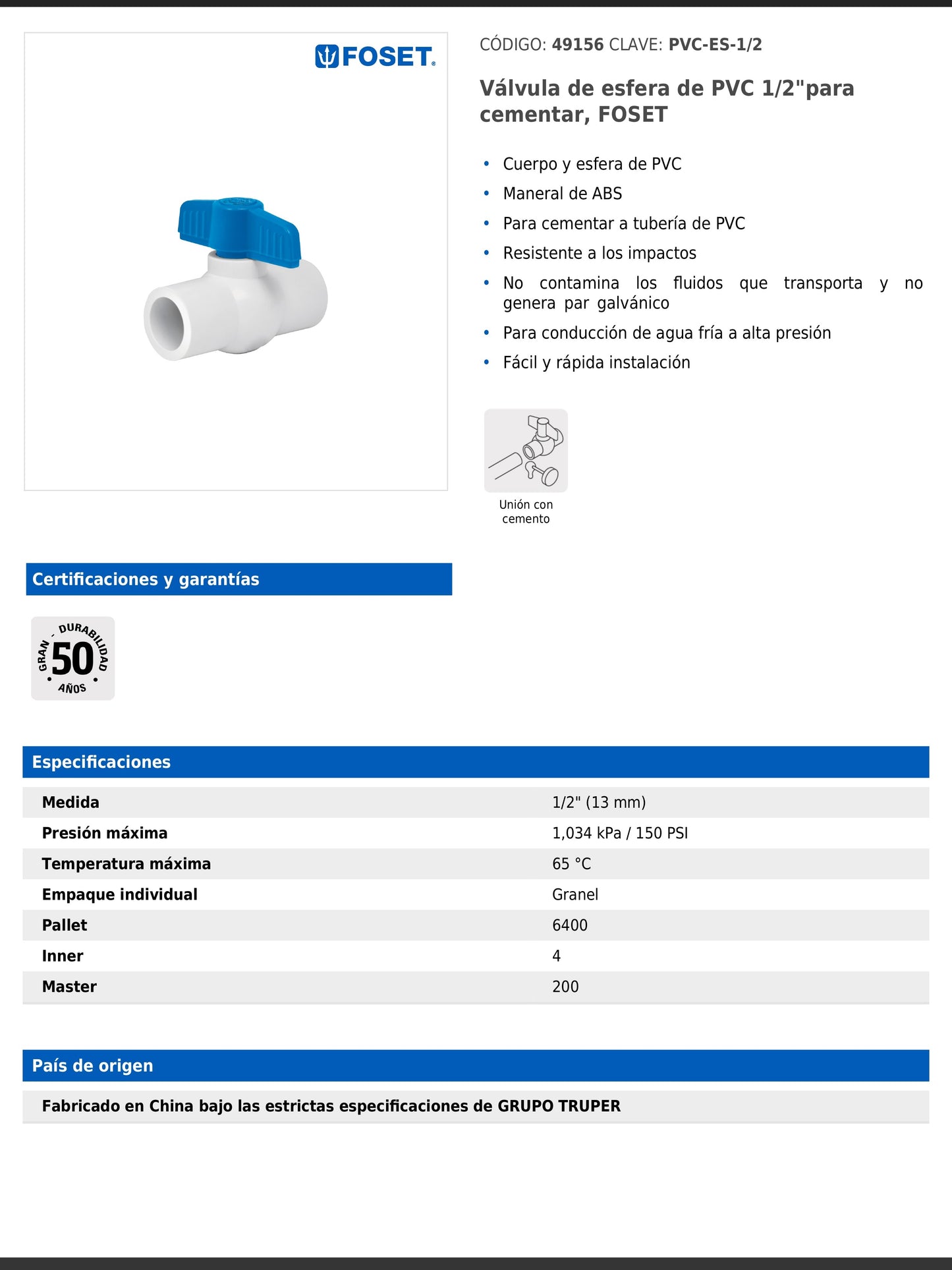 Válvula de esfera de PVC de 1/2 pulgada para cementar con maneral de ABS