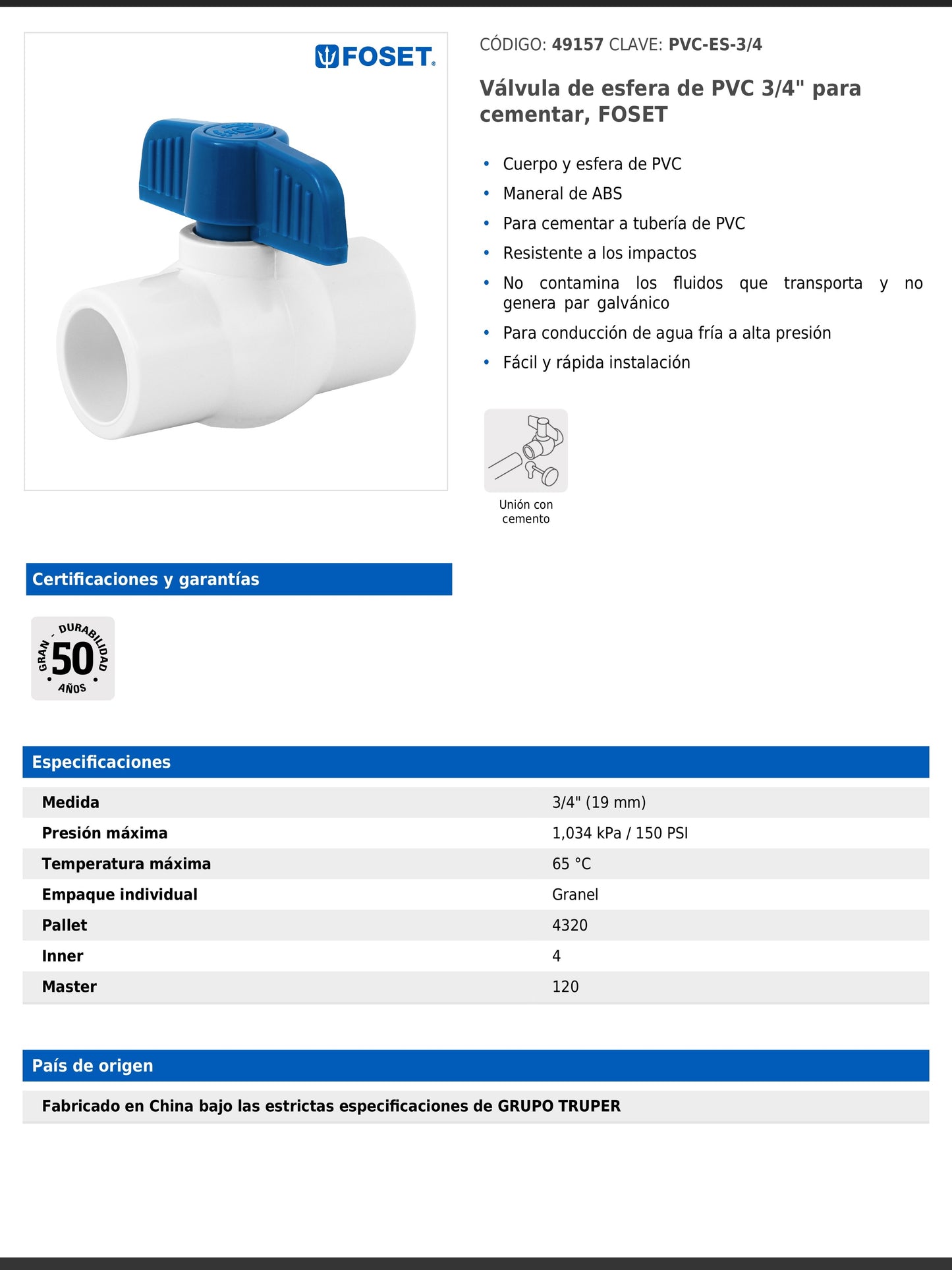 Válvula de esfera de PVC de 3/4 pulgada para cementar con maneral de ABS