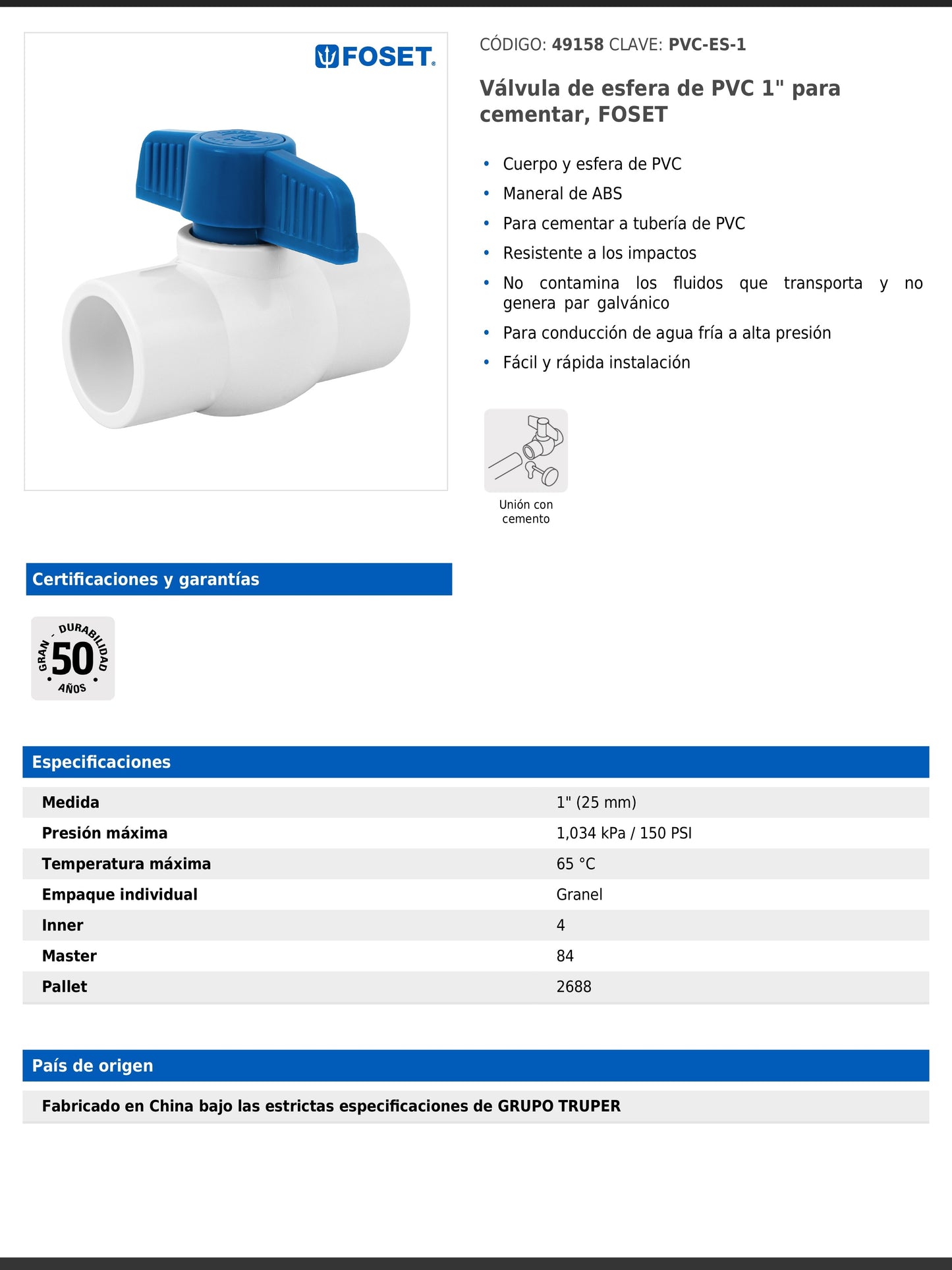 Válvula de esfera de PVC de 1 pulgada para cementar con maneral de ABS