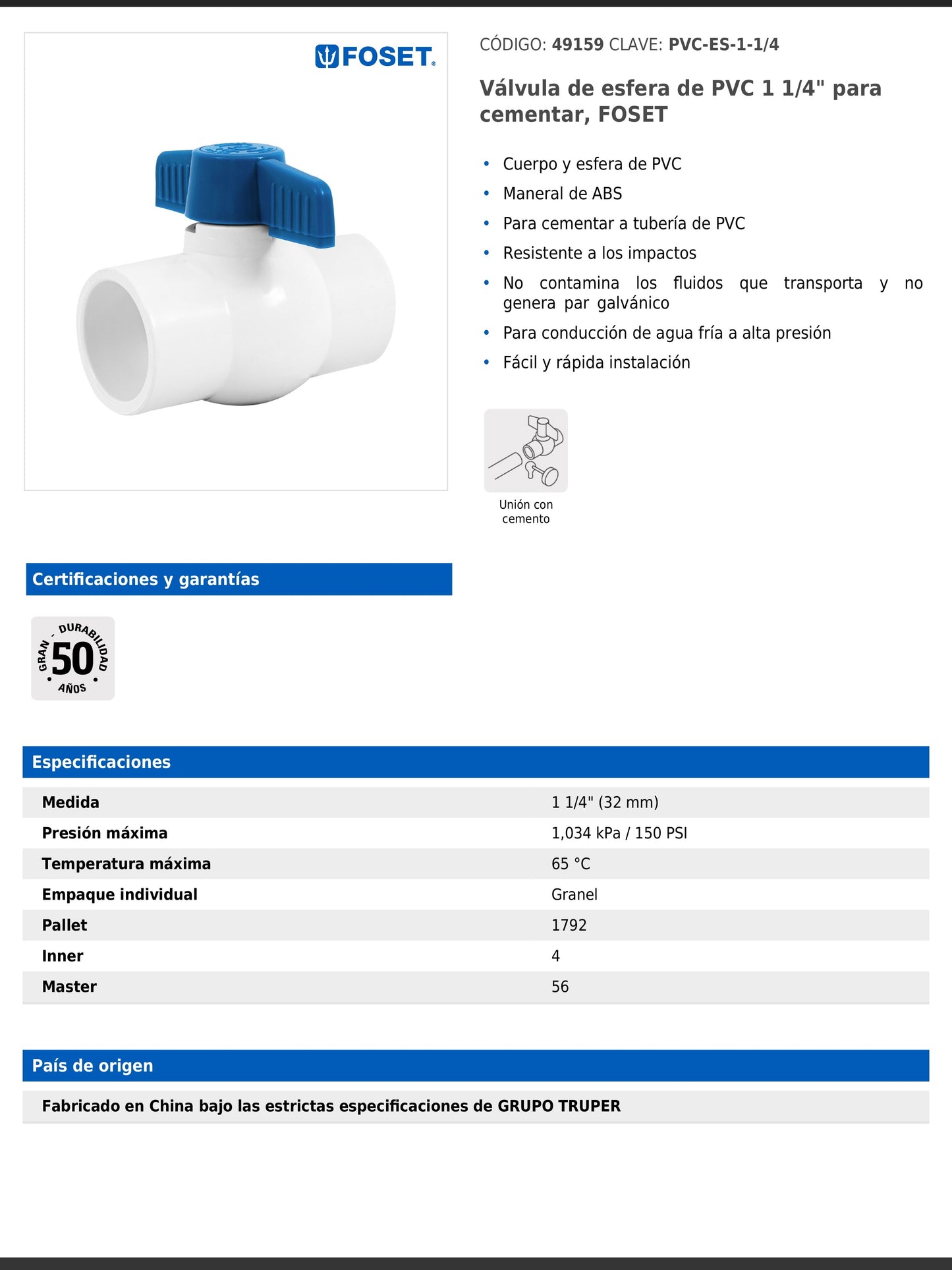 Válvula de esfera de PVC de 1 1/4 pulgadas para cementar con maneral de ABS