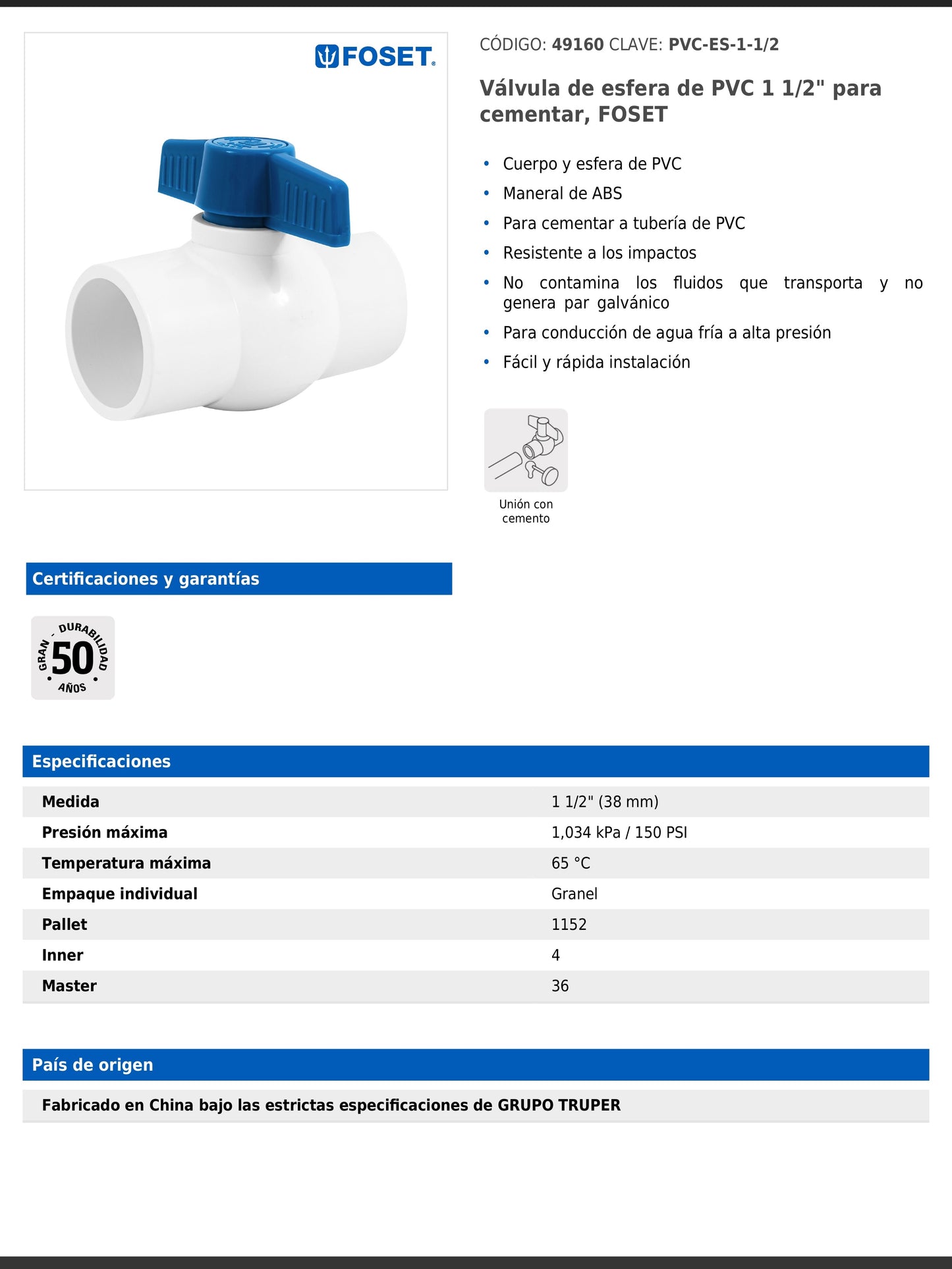 Válvula de esfera de PVC de 1 1/2 pulgadas para cementar con maneral de ABS