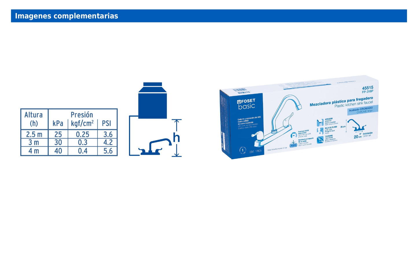 Mezcladora de 8" para fregadero con cuello largo y manerales tipo palanca
