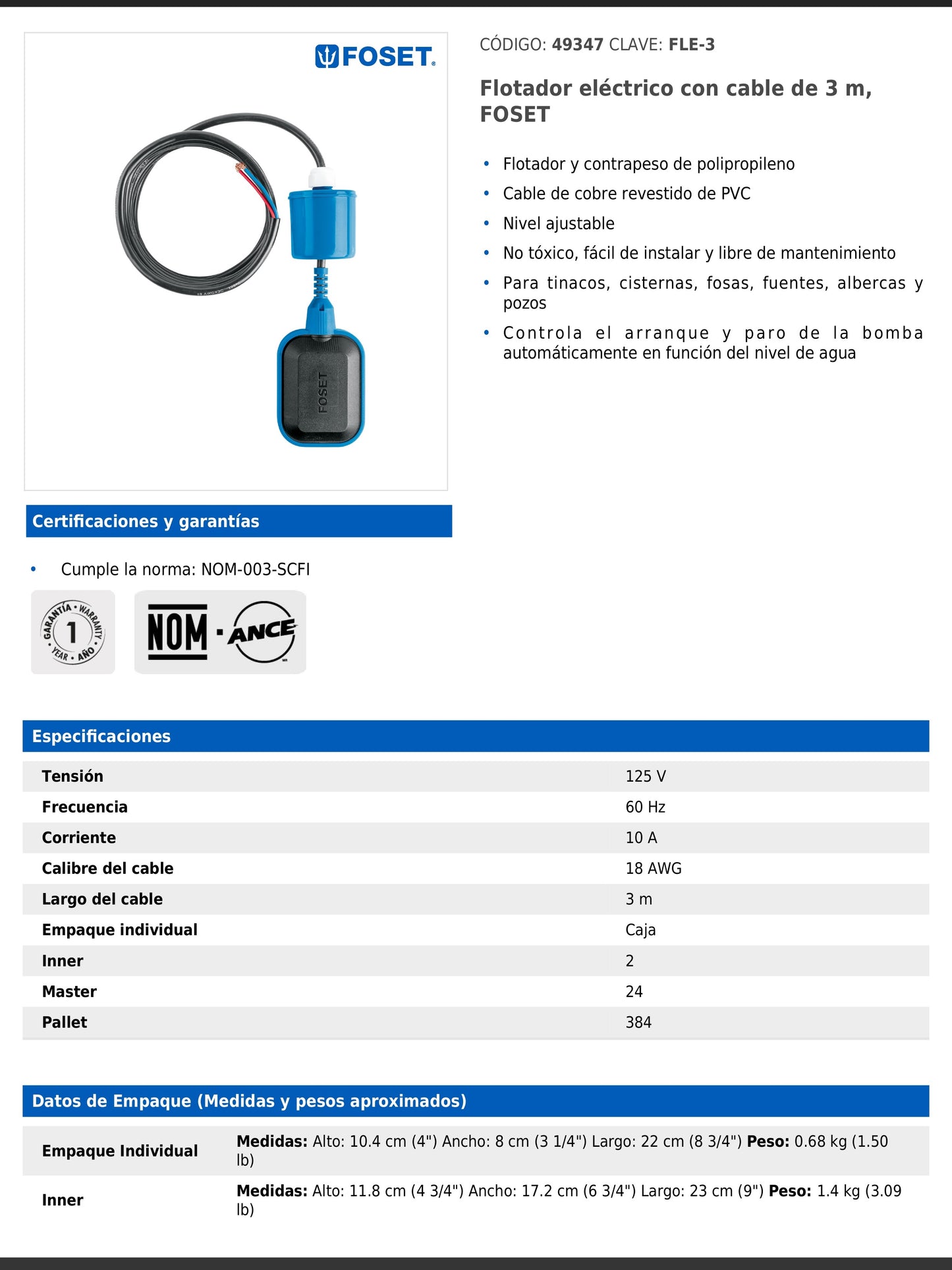 Flotador eléctrico de polipropileno con cable de 3 m