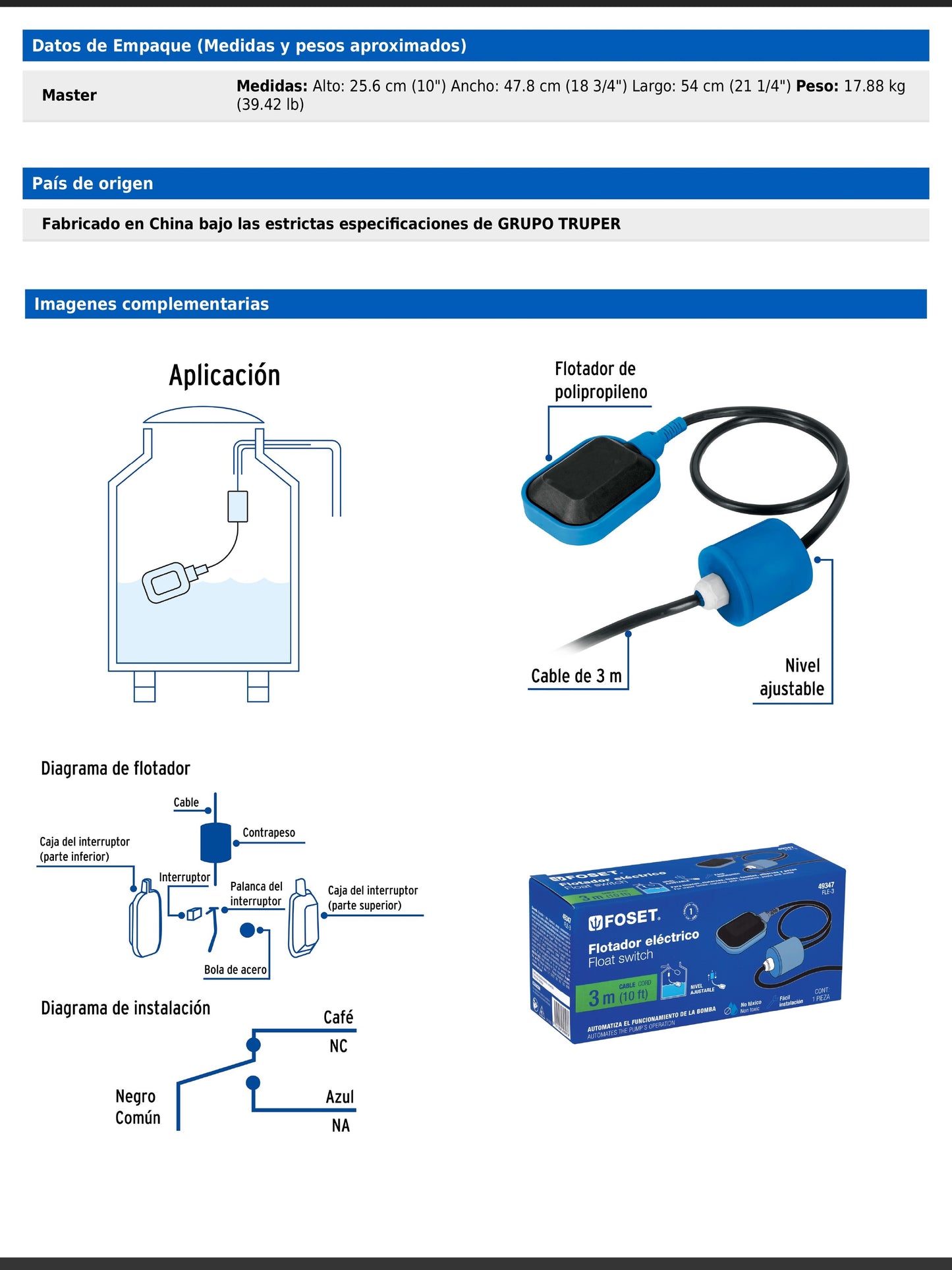 Flotador eléctrico de polipropileno con cable de 3 m