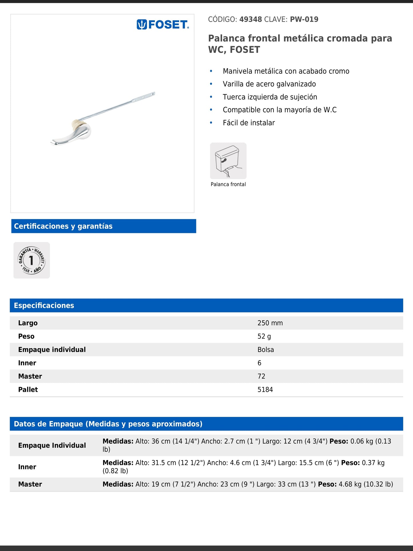 Palanca frontal metálica cromada para WC