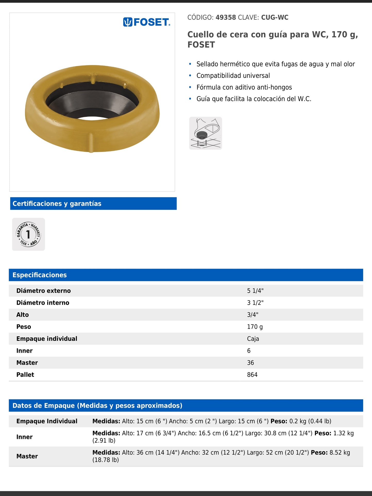 Cuello de cera con guía para WC de 170 g