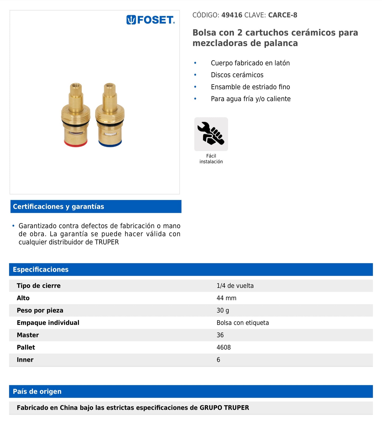 Bolsa con 2 cartuchos cerámicos para mezcladoras de palanca