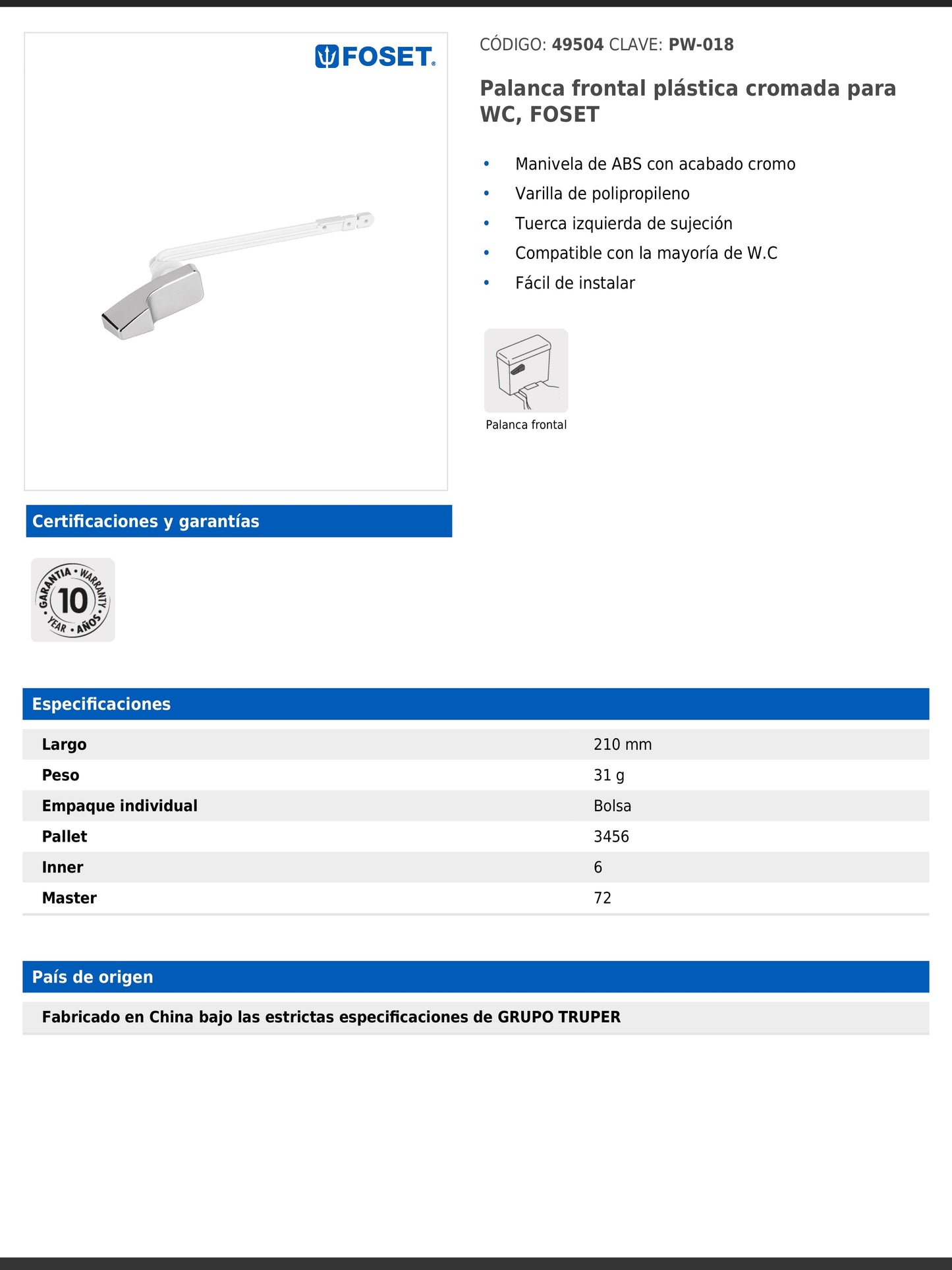 Palanca frontal plástica cromada para WC