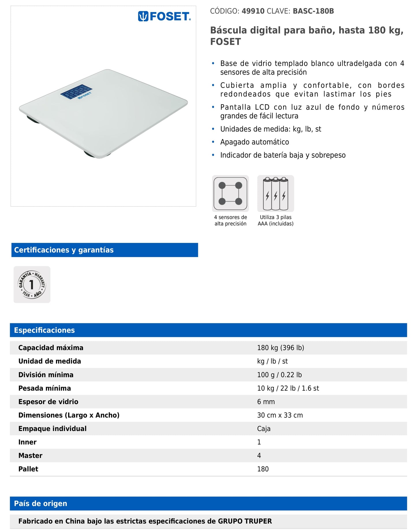 Báscula digital para baño con vidrio templado blanco y capacidad hasta 180 kg