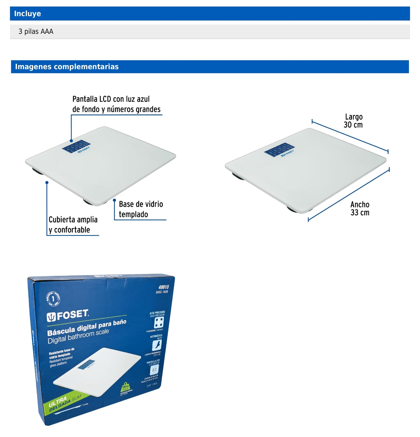 Báscula digital para baño con vidrio templado blanco y capacidad hasta 180 kg