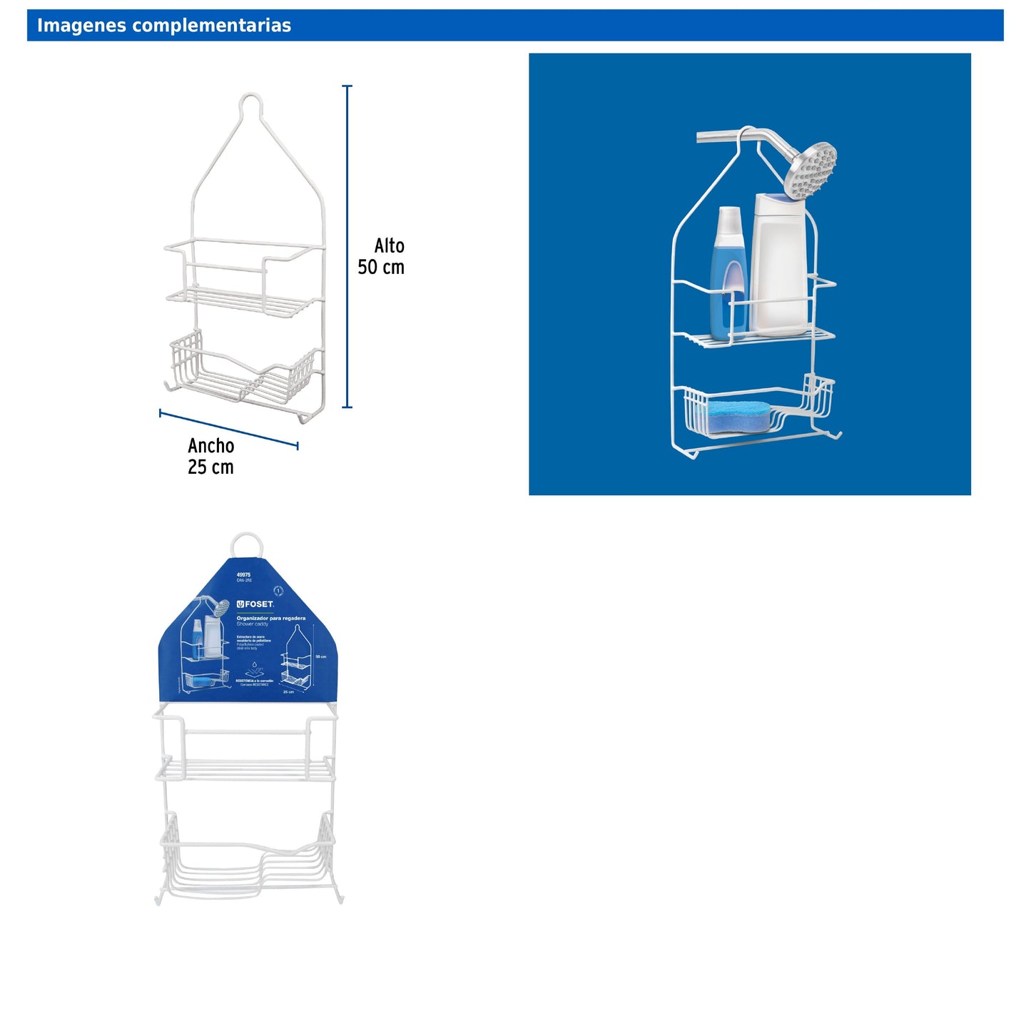Organizador para regadera con cubierta plástica y estructura metálica