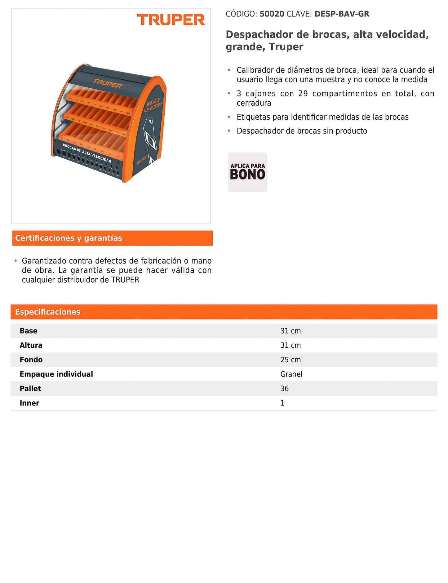 Despachador de brocas grande con calibrador de diámetros