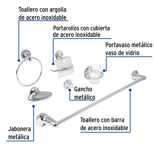 Juego de 6 accesorios para baño metálicos