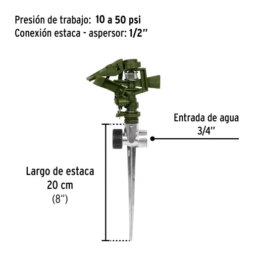 Aspersor plástico de 11" dos vías con estaca metálica color verde