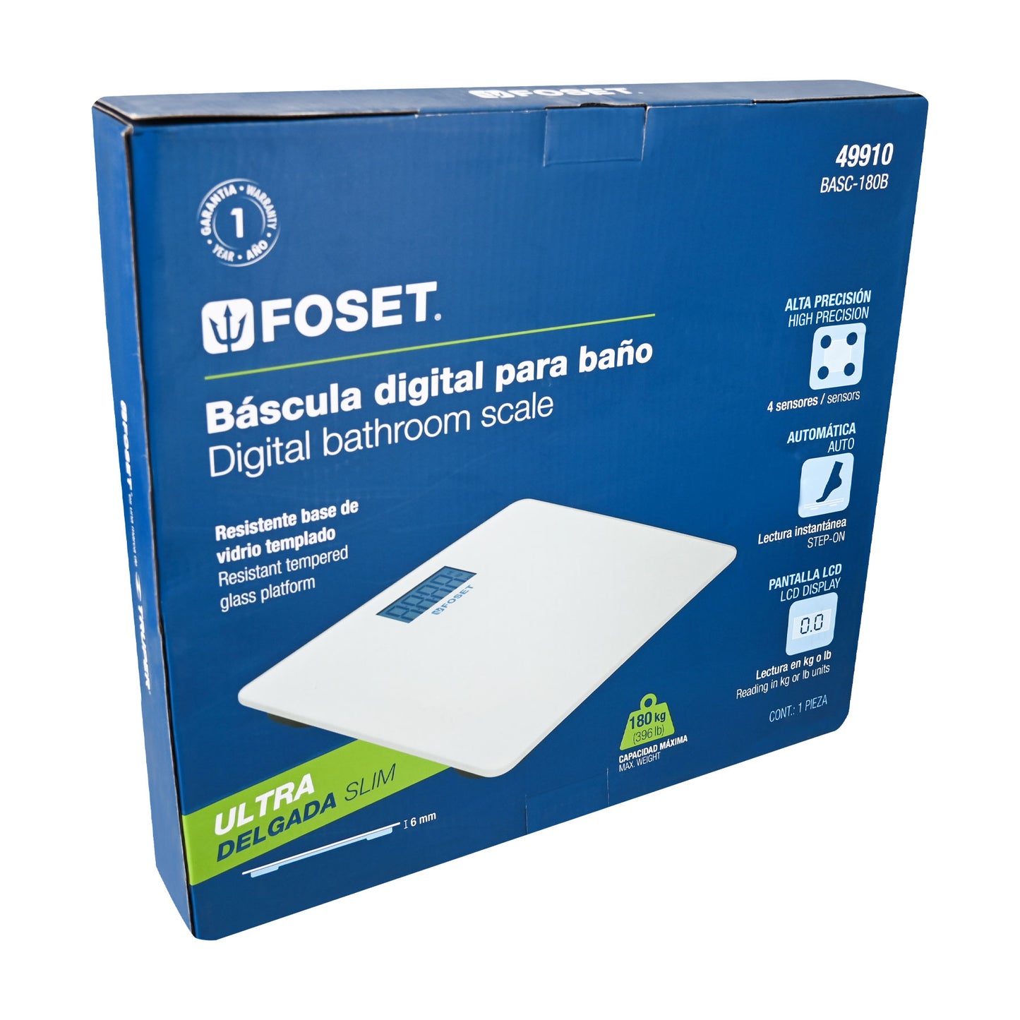 Báscula digital para baño con vidrio templado blanco y capacidad hasta 180 kg