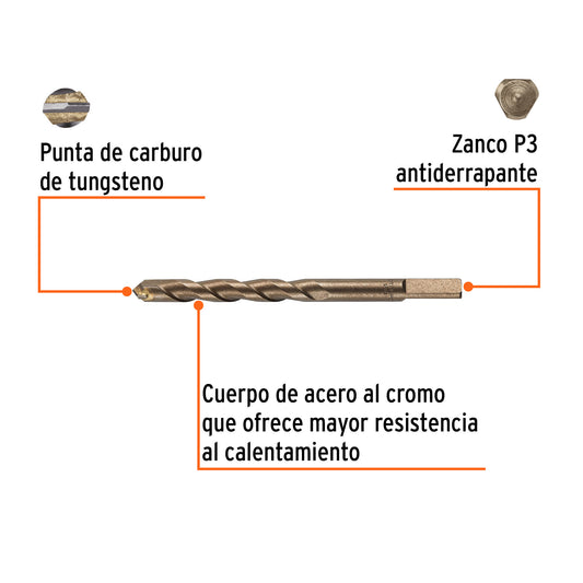 Broca para concreto de 1/2 x 6 in con punta de carburo de tungsteno