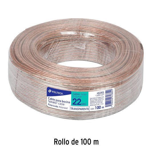 Rollo de 100 m de cable polarizado transparente para bocina 22 AWG