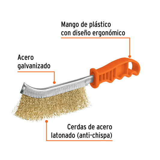 Cepillo curvo anti-chispa de 26 cm con cerdas de acero latonado y mango ergonómico