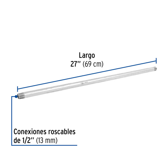 Niple de acero galvanizado de 1/2 pulgada por 27 pulgadas