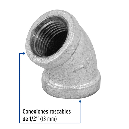 Codo 45° acero galvanizado de 1/2" · vista 2