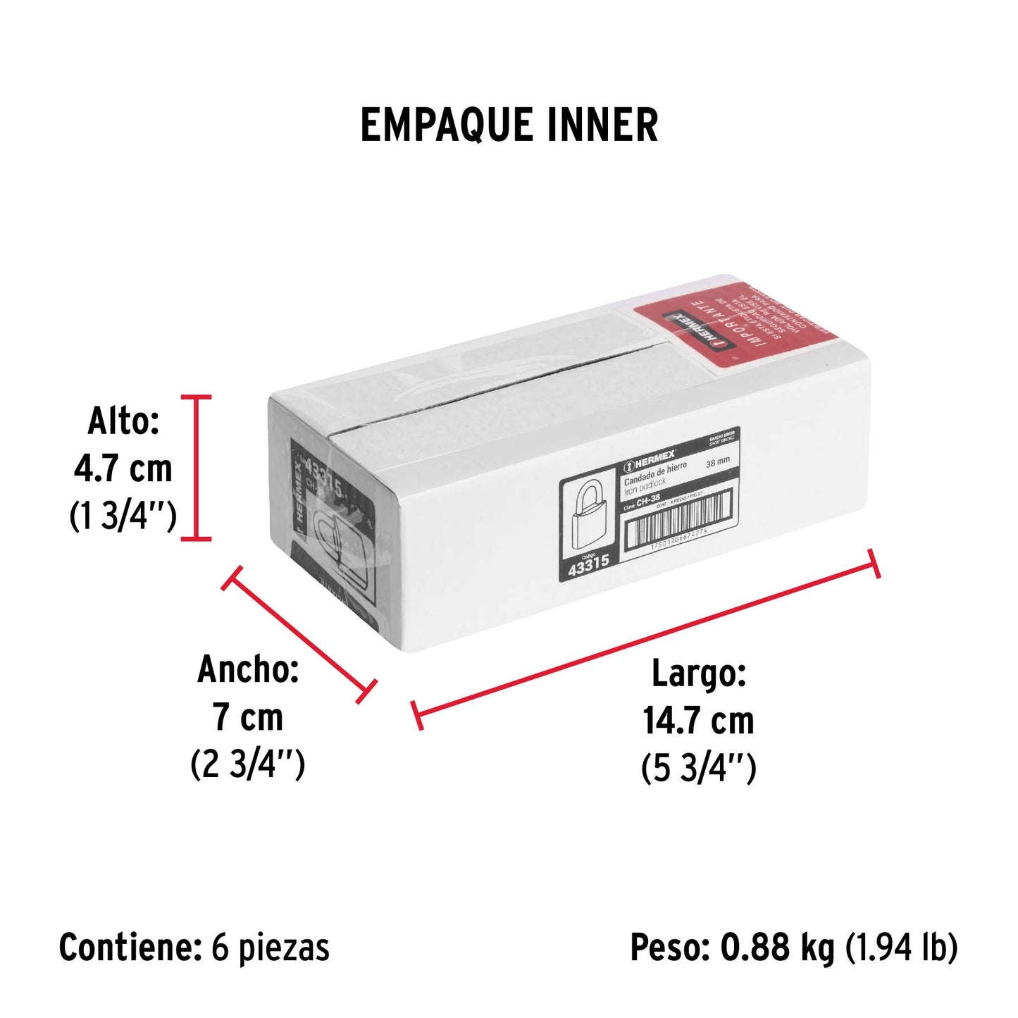 Candado de hierro de 38 mm con gancho corto
