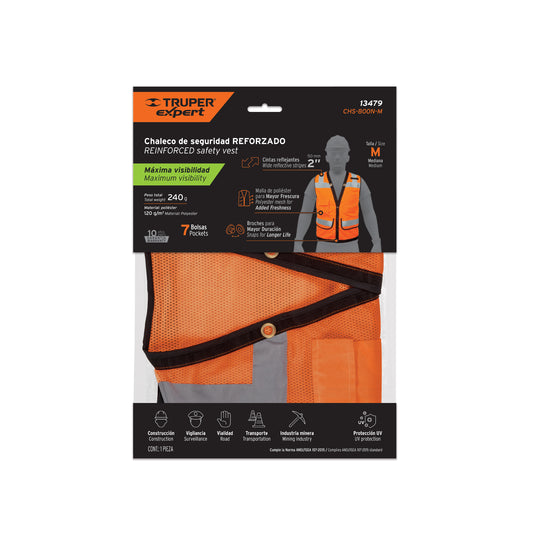 Chaleco seguridad reforzado naranja con bolsas M