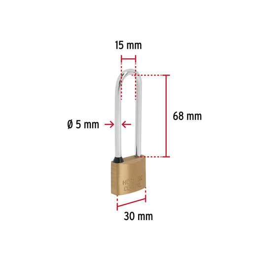 Candado de latón de 30 mm con gancho extra largo