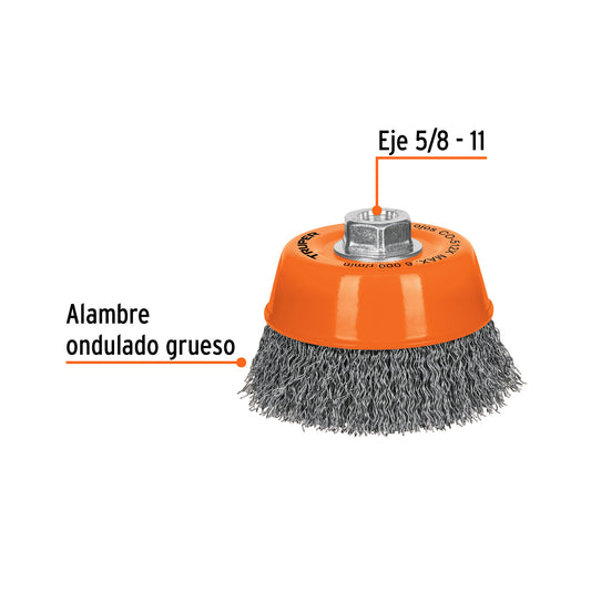 Carda copa 5" alambre ondulado grueso, eje 5/8"-11 · vista 2