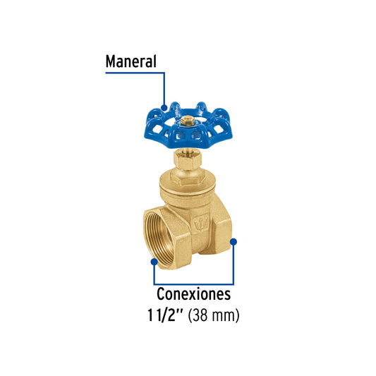 Válvula de compuerta de latón roscable de 1 1/2" con volante de acero