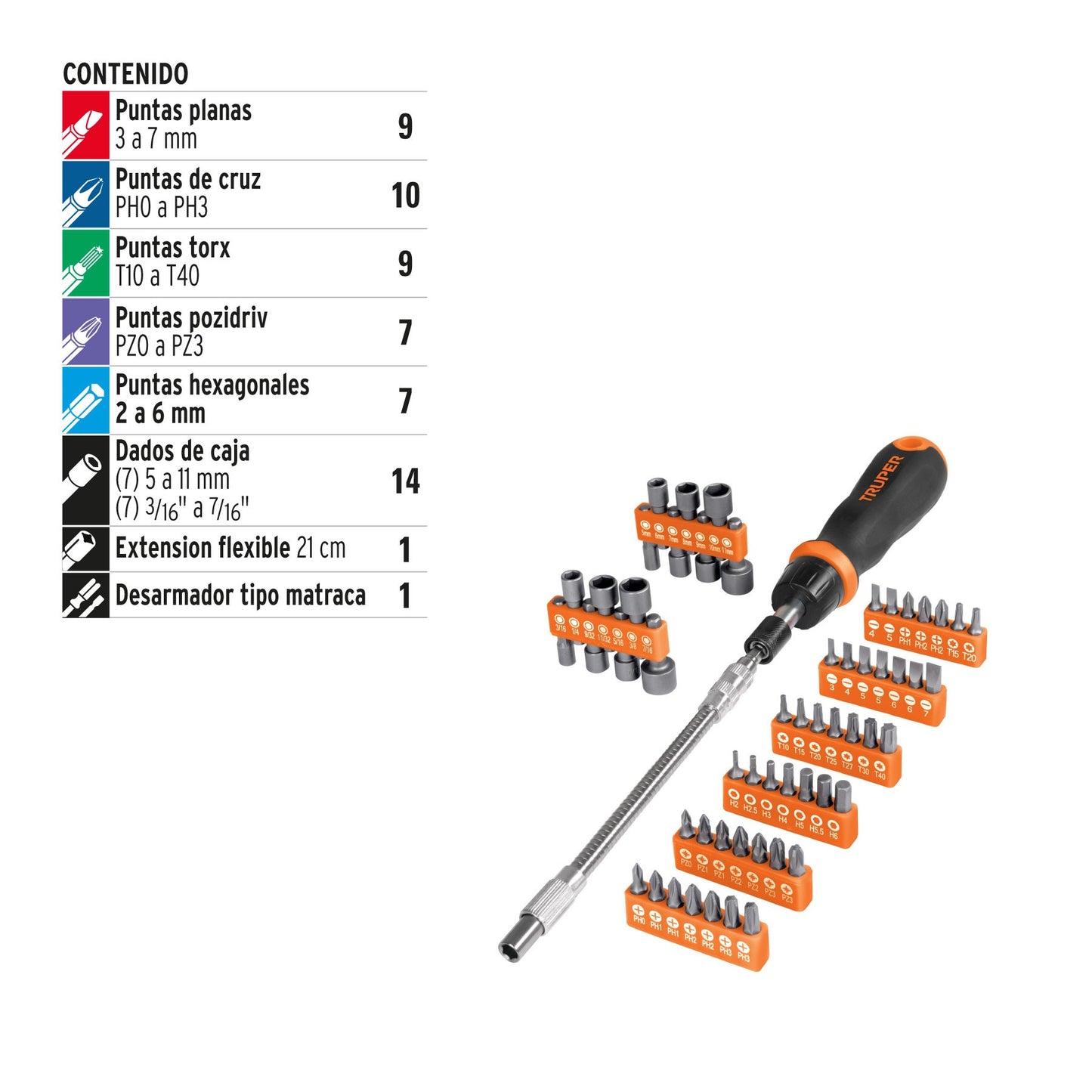 Desarmador Tipo Matraca con 42 Puntas y 14 Dados, Truper