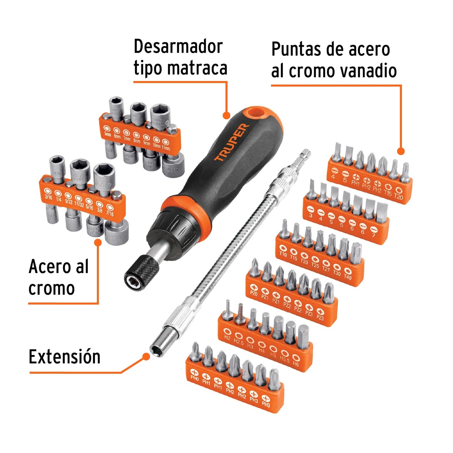 Desarmador Tipo Matraca con 42 Puntas y 14 Dados, Truper