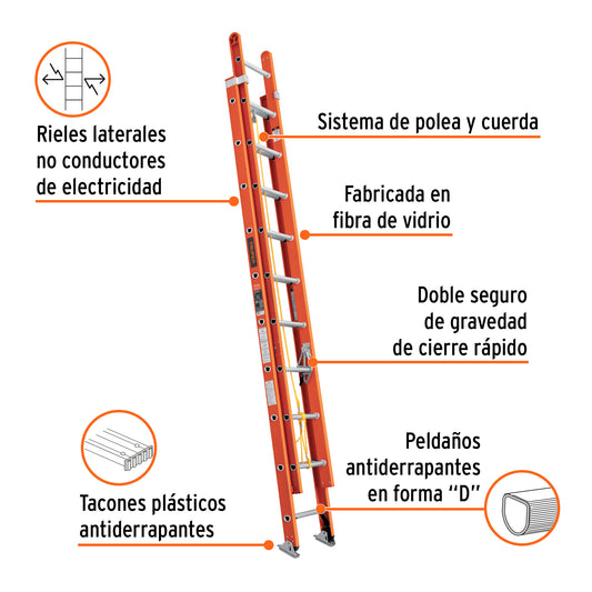 Escalera de extensión de 20 peldaños Tipo II fabricada en fibra de vidrio