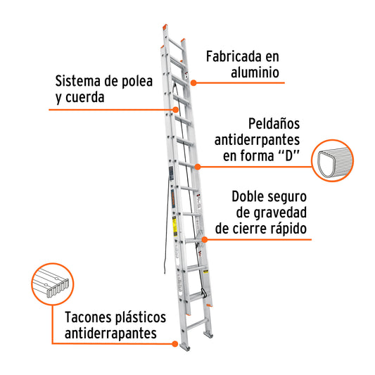 Escalera de extensión tipo II de 24 peldaños con sistema de polea y cuerda