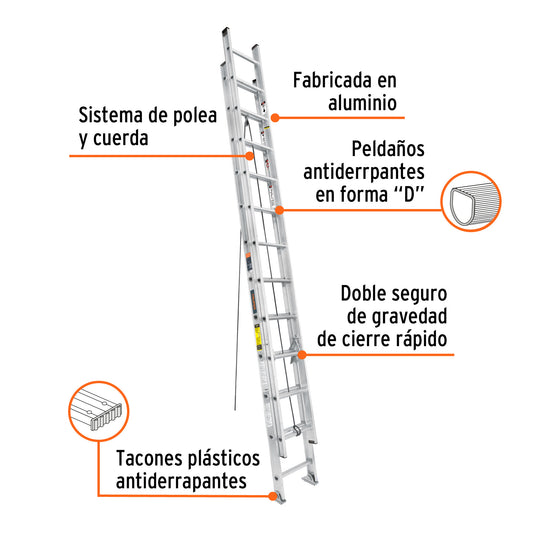 Escalera de extensión tipo III de 24 peldaños con polea y cuerda