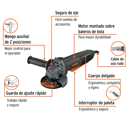 Esmeriladora angular de 850 W y con interruptor tipo paleta